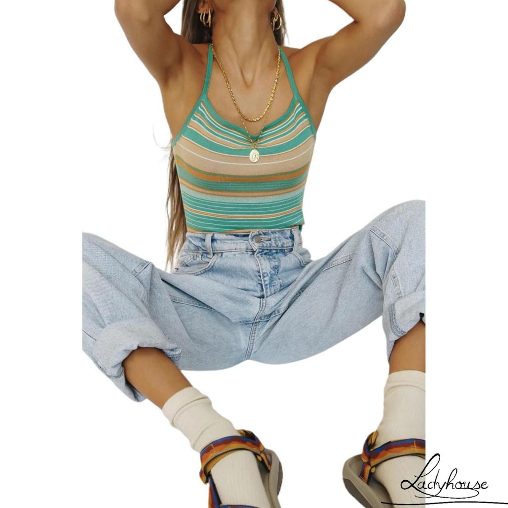 Bộ Trang Phục 2 Mảnh Gồm Áo Croptop Hai Dây Và Chân Váy Maxi Họa Tiết Kẻ Sọc Gợi Cảm Cho Nữ