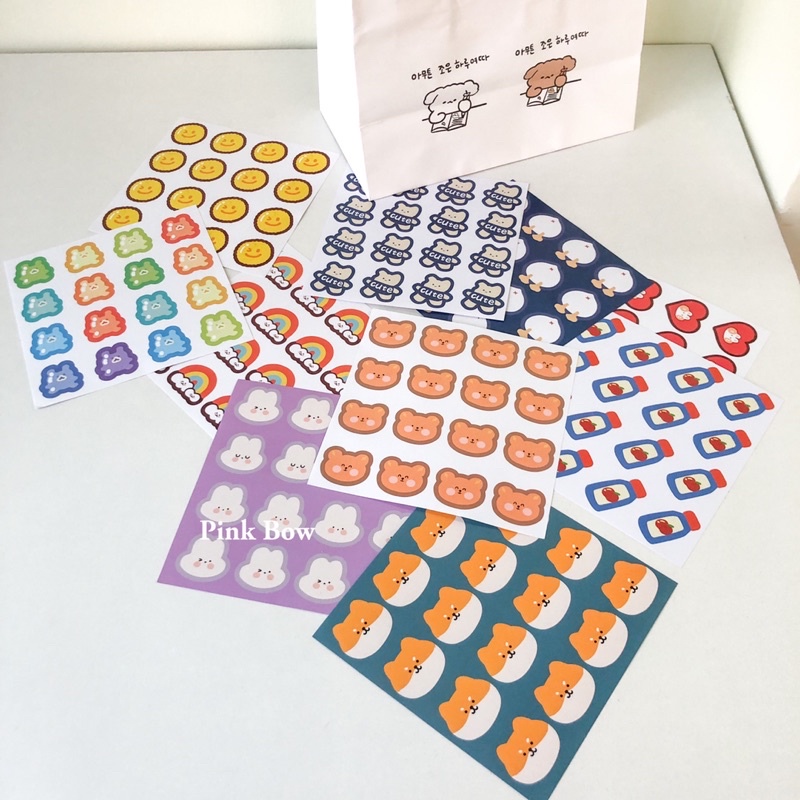 Sticker giấy CUTE hình con GẤU / THỎ / MẶT CƯỜI / TIM / CẦU VỒNG / CHÓ CORGI - 1 set gồm 2 tấm 16c