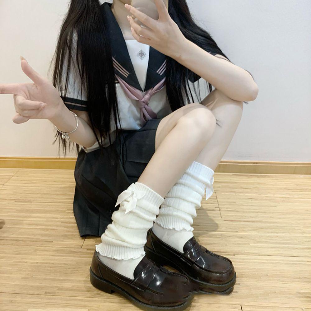 Mocho Vớ Dệt Kim Giữ Ấm Chân Màu Trơn Đính Nơ Ren JK Thoải Mái Cho Nữ