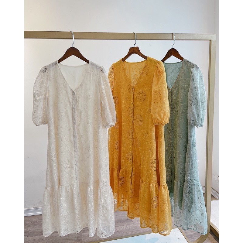 Đầm ren voan xước cúc bọc dáng suông váy đuôi cá tiểu thư dễ mặc