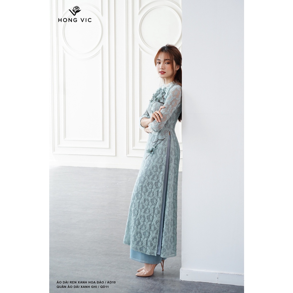 Áo dài kiểu nữ thiết kế Hongvic ren xanh hoa đào AD10