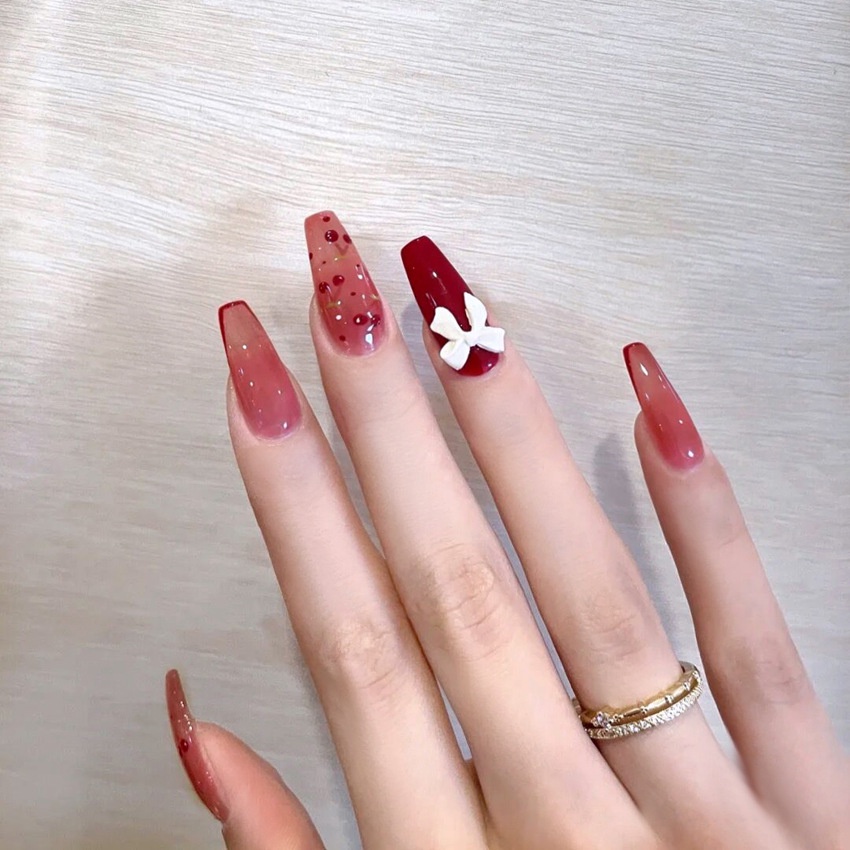 set 24 móng tay giả dài đính nơ  trẻ sang chảnh Jojo X31 móng giả nailbox rẻ đẹp cute kèm keo dán tự làm tại nhà