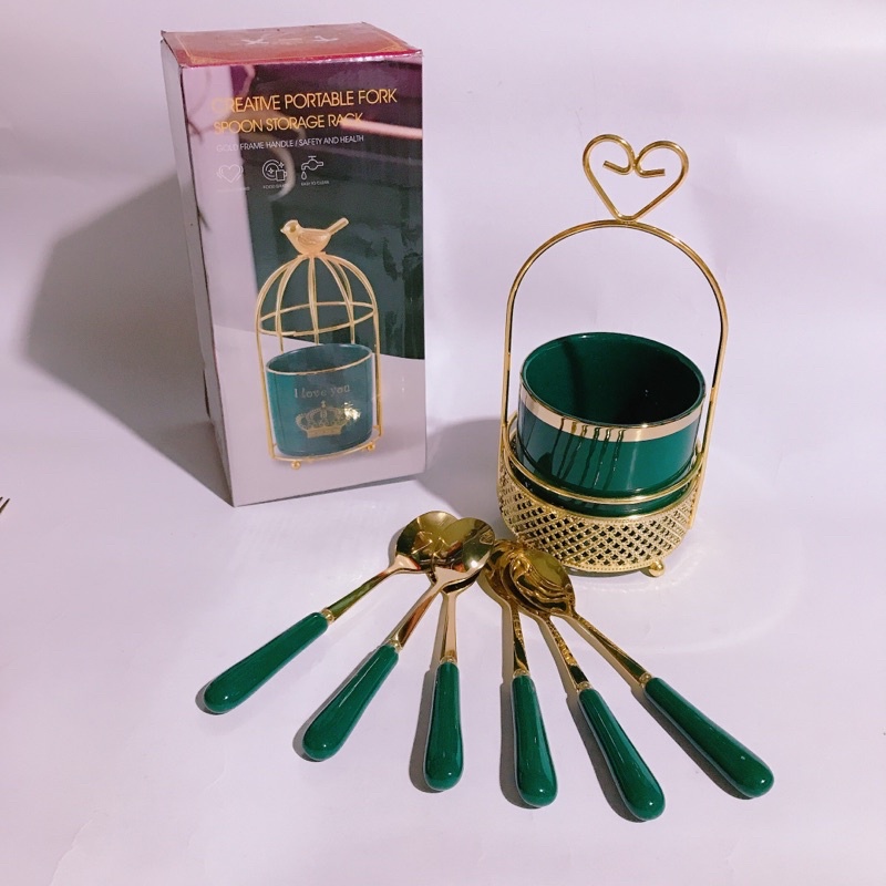 Giỏ đựng muỗng nĩa thìa dĩa trái tim xanh ngọc lam Huydecor