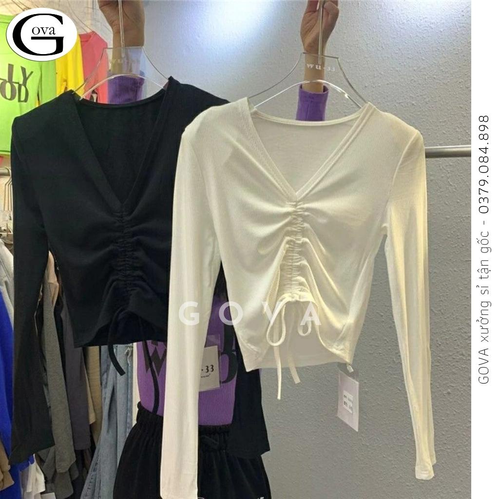 Áo Croptop cổ V nhún ngực rút dây Hot Trend Áo kiểu nữ ôm chất thun Cao Cấp gân mềm mát