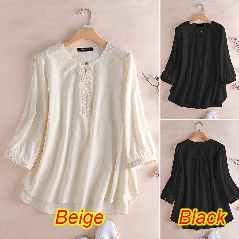 ZANZEA Áo Cotton Lanh Tay 3/4 Thời Trang Nữ Tính