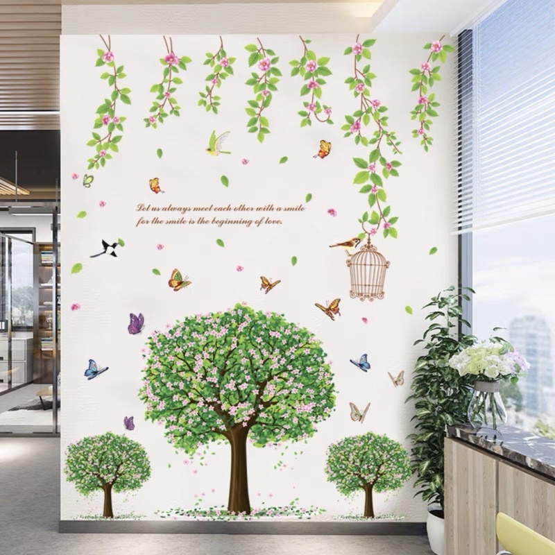 Decal dán tường cây xanh và dây hoa lồng chim