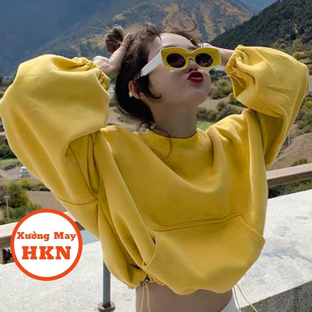 Áo Hoodie Croptop Nữ Dài Tay Có Túi Dây Rút 2 Bên Mã 683 Xưởng May HKN