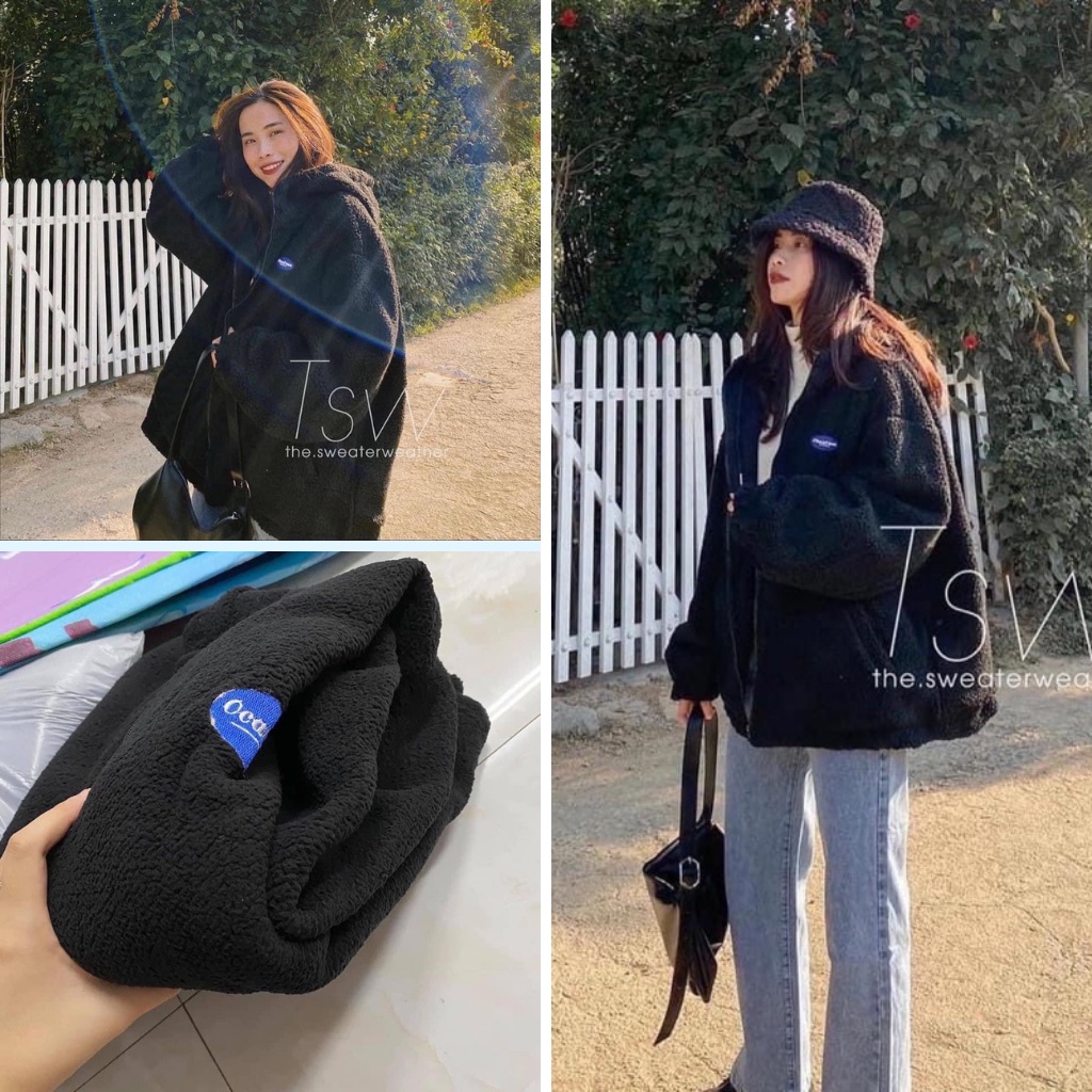 Áo Khoác Nỉ Cừu  Jacket sweater form rộng oversize tay bồng màu đen chữ nổi cá tính Ulzzang mã 24 | BigBuy360 - bigbuy360.vn
