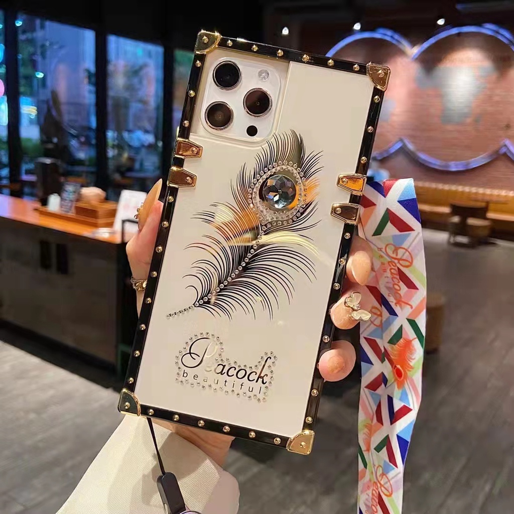 Ốp Điện Thoại Hình Vuông Họa Tiết Lông Vũ + Dây Đeo Sang Trọng Cho IPhone 13 12 11 Pro Max Xs XR 6 6s 8 7Plus