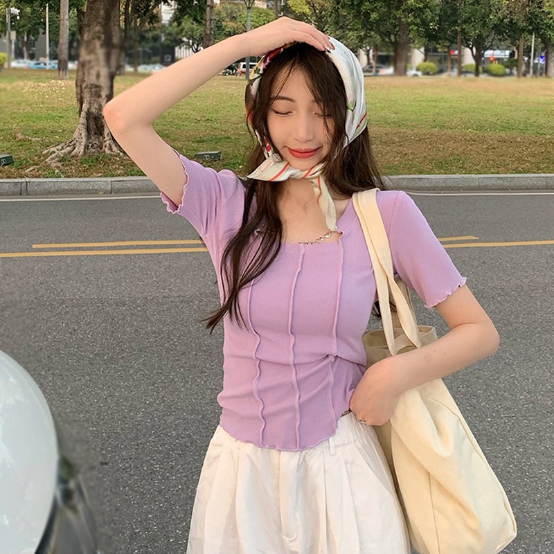 Áo Thun Tay Ngắn Dáng Ôm Màu Trơn Cổ Vuông Kiểu Hàn Quốc Thời Trang Mùa Hè Cho Nữ