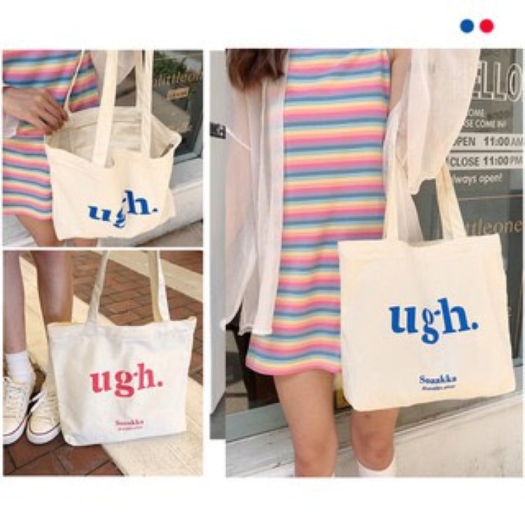 Túi tote vải canvas đựng đồ in chữ UGH size A4 có khóa miệng hàn quốc cao cấp TAHA