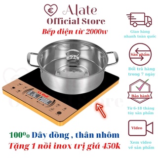 Bếp điện từ Gali thân nhôm mặt kính Ceramic liền khối, dây dẫn điện và đĩa từ băng đồng 2000w, tặng 1 nồi inox Alate