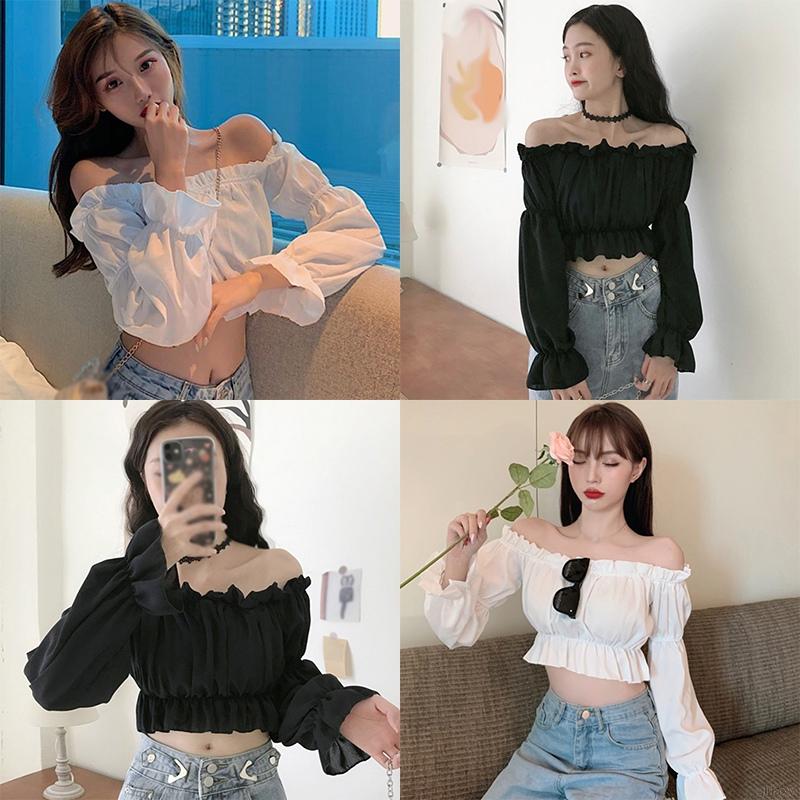 Áo trễ vai tay phồng màu trơn thời trang cho nữ