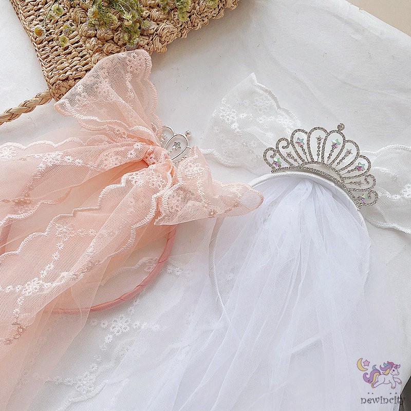 Băng Đô Cài Tóc Hình Vương Miện Đính Đá Phối Ren Phong Cách Hàn Quốc Cho Bé Gái