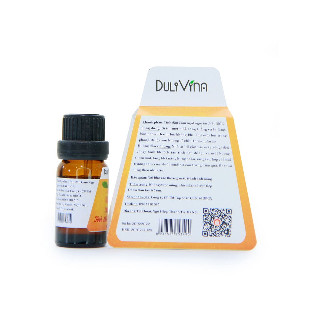 Tinh Dầu Cam Ngọt Orange DuliVina Cao cấp, Thiên Nhiên Nguyên Chất, Giảm Stress, Thư Giãn Tinh Thần - Chai 10ml