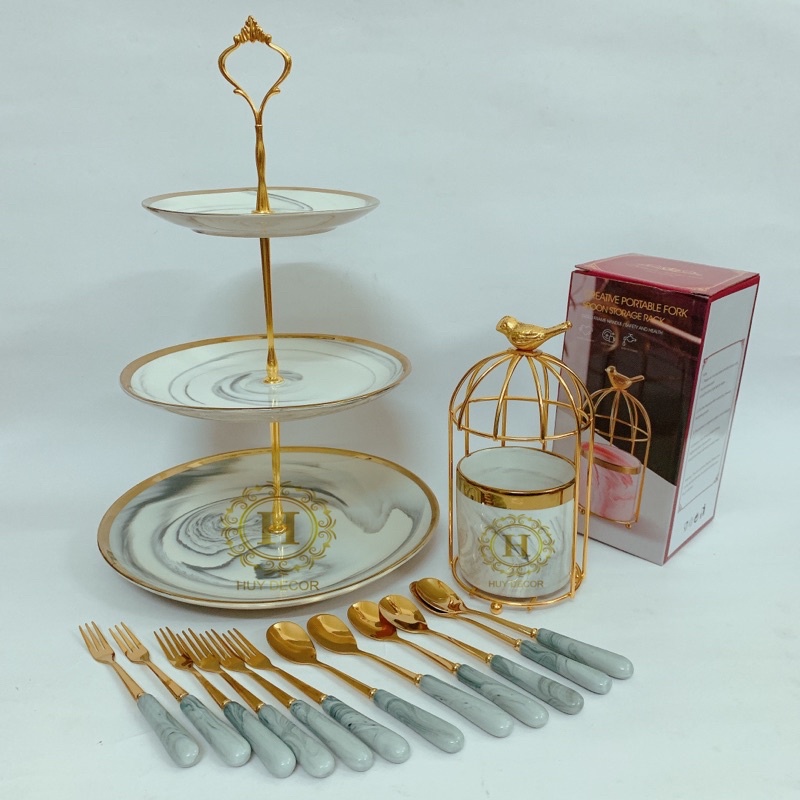 Giỏ đựng muỗng nĩa thìa dĩa hình lồng chim bằng sứ vân đá cẩm thạch mầu xám trang trí Huydecor