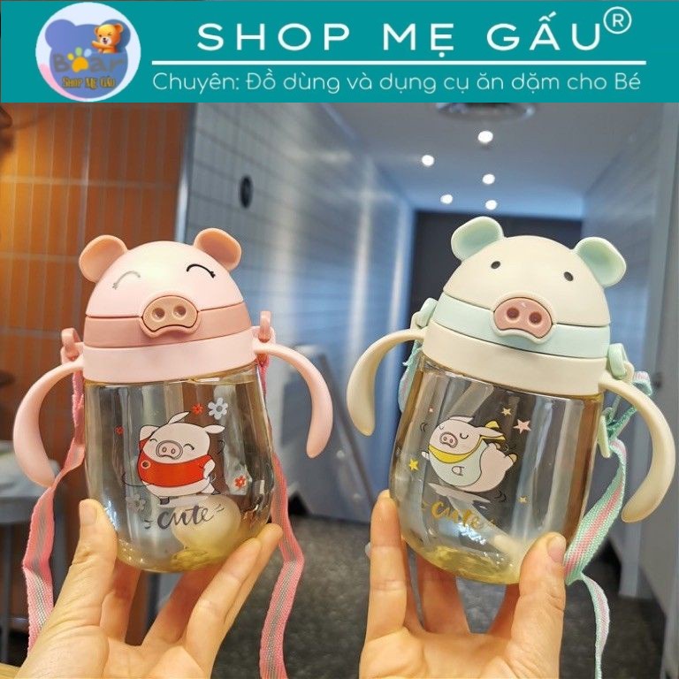 Bình Tập Uống, Tập Hút Nước Cho Bé Hình Con Heo Đáng Yêu Dung Tích 350ml Tiện Dụng Có Dây Đeo