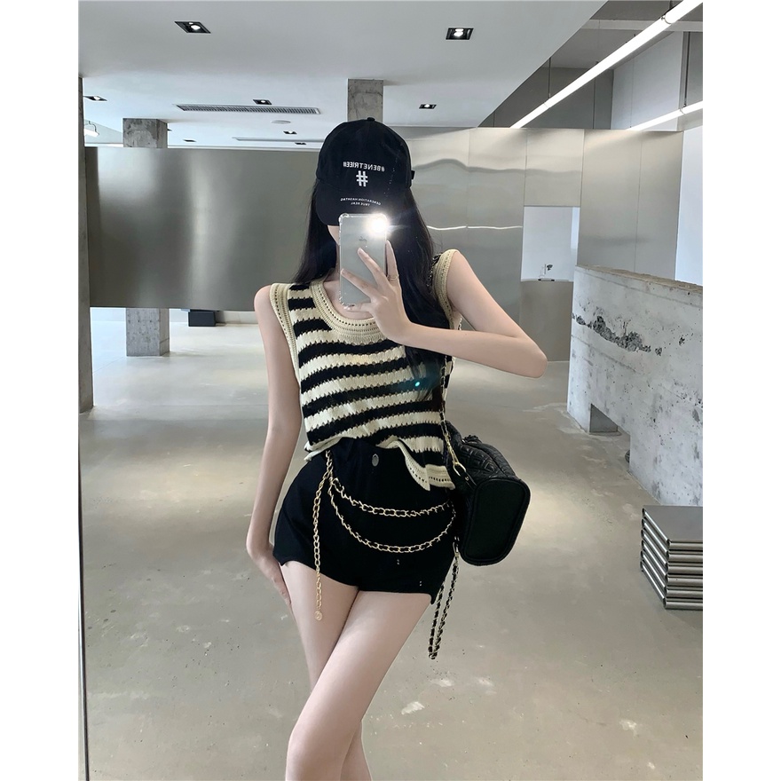 LALISAS Áo Len Không Tay Họa Tiết Kẻ Sọc Thời Trang Hàn Quốc Dễ Phối Đồ Cho Nữ