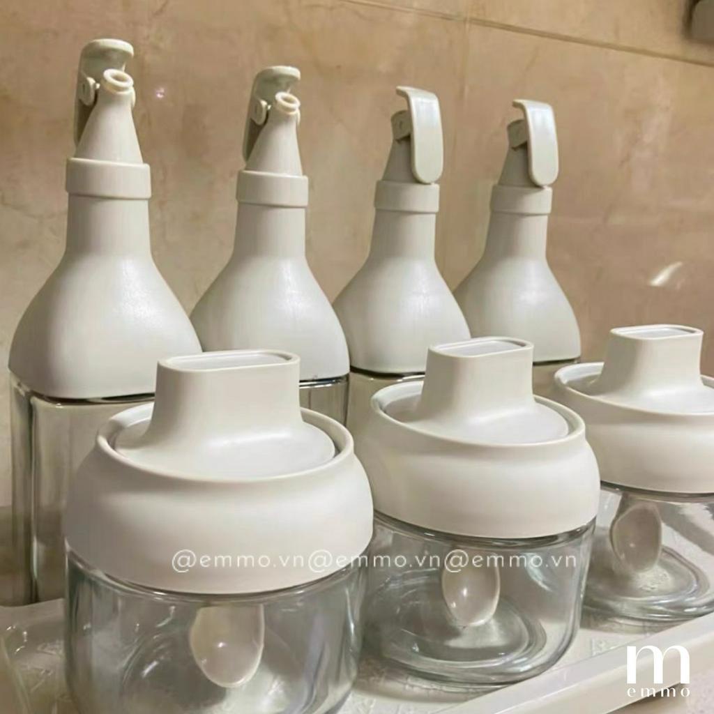 BỘ HỦ ĐỰNG GIA VỊ, CHAI ĐỰNG GIA VỊ KÈM KỆ THỦY TINH CAO CẤP EMMO BLISSFUL