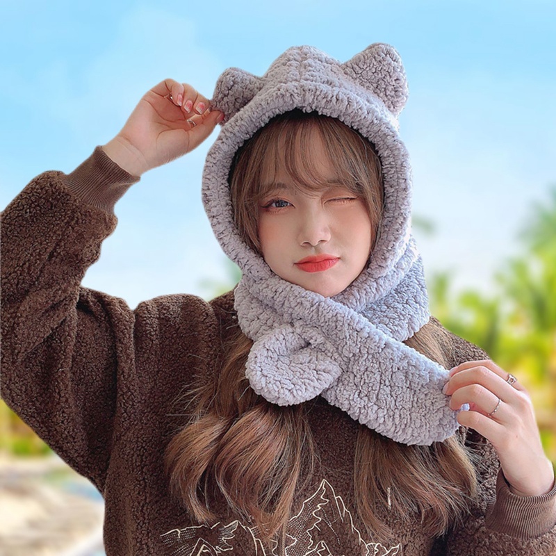 Mũ Trùm Đầu Che Tai Giữ Ấm Mùa Đông Bằng Vải Bông Dày Dặn Hình Gấu Lồng Đèn + Khăn Choàng Cổ Cho Nữ