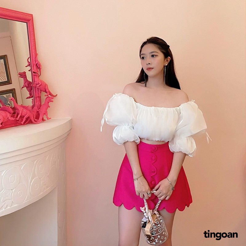 Áo trễ vai croptop bóng kính phồng tay 2 tầng chun vai co giãn trắng tingoan BELLA TOP/WH