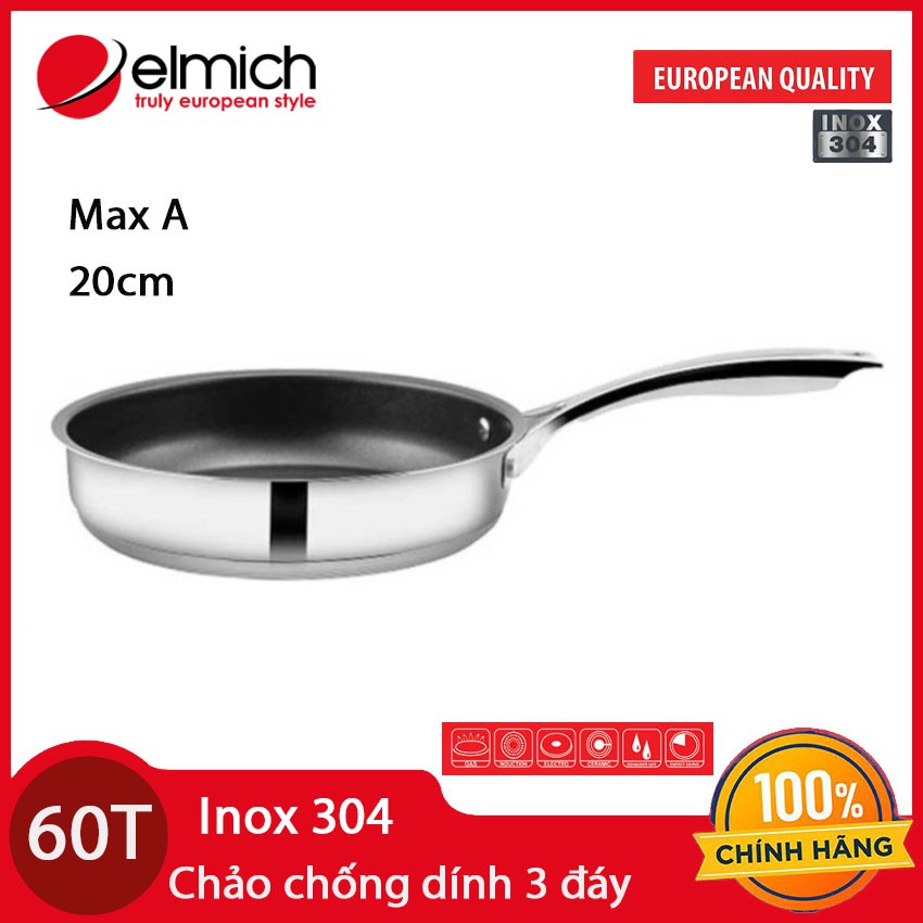 Chảo chống dính 3 đáy inox 304 cao cấp 16cm/20cm Elmich Max-A EL376x dùng bếp từ - Bảo hành 12 tháng chính hãng