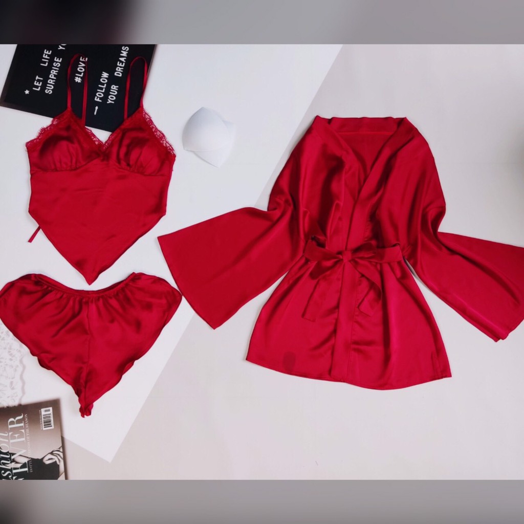 [𝐅𝐫𝐞𝐞 𝐒𝐡𝐢𝐩] Set ngủ lụa 3 món cao cấp MunMunStore áo choàng kimono + Yếm + quần mềm mại quyễn rũ ( phom dưới 62kg)