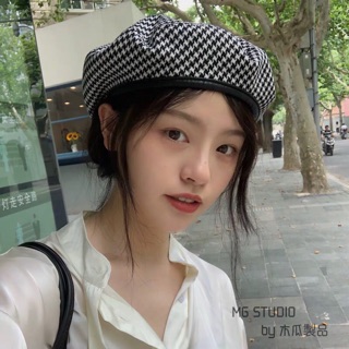 Mũ nồi viền da pu họa tiết Houndstooth cổ điển phong cách Anh Quốc cho nữ