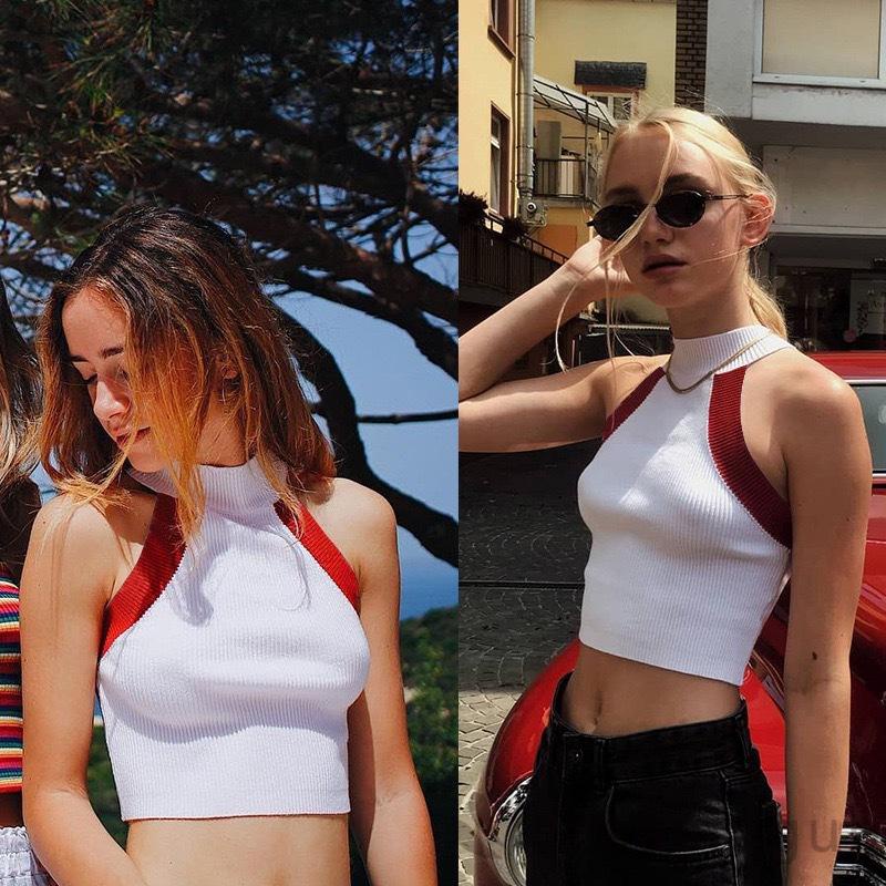 Áo Croptop Dệt Kim Cổ Tròn Màu Sắc Thời Trang Mùa Hè Cho Nữ