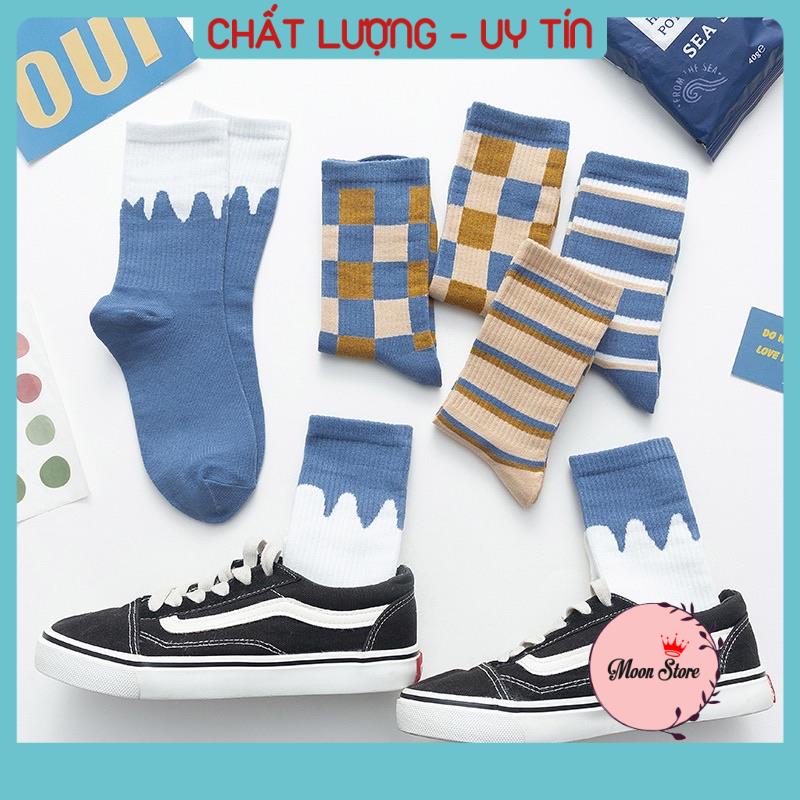 Tất vớ cotton cổ cao nam nữ cao cấp unisex kẻ ô họa tiết Solid Blue trend BT6