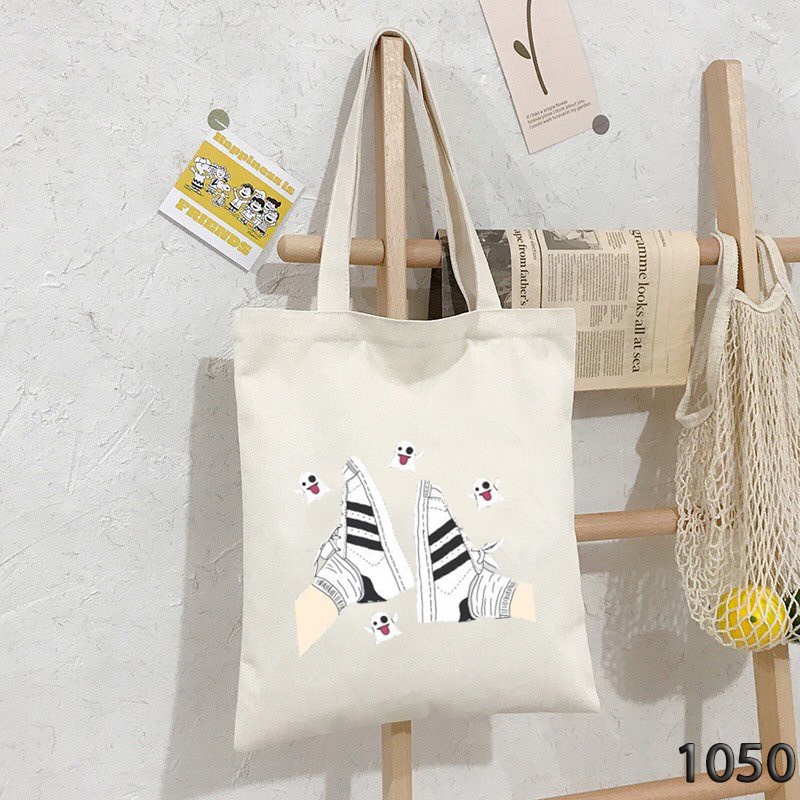 TÚI TOTE TRẮNG CHẤT VẢI CANVAS 1050 ĐÔI GIÀY MA QUÁI DỄ THƯƠNG HÀNG CHUẨN ĐẸP