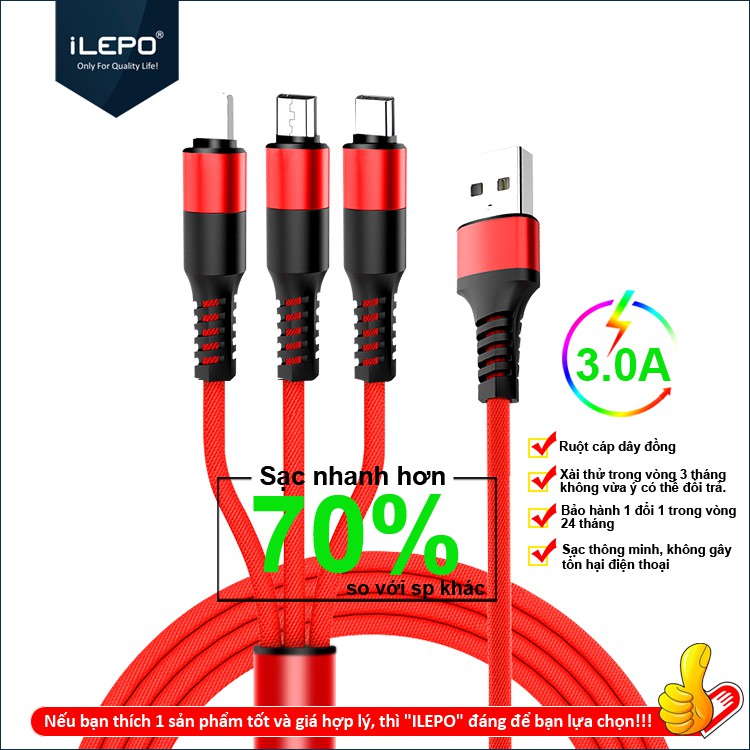 Cáp sạc 3 đầu đa năng Lightning, Micro, Type C siêu bền, tiện lợi, dài 1m2 bảo hành 12 tháng ILEPO IL17