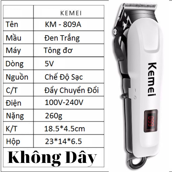 Tông đơ cắt tóc không dây Kemei KM-809A lưỡi dao Titantium 4 cữ mẫu mới bảo hành 1 tháng
