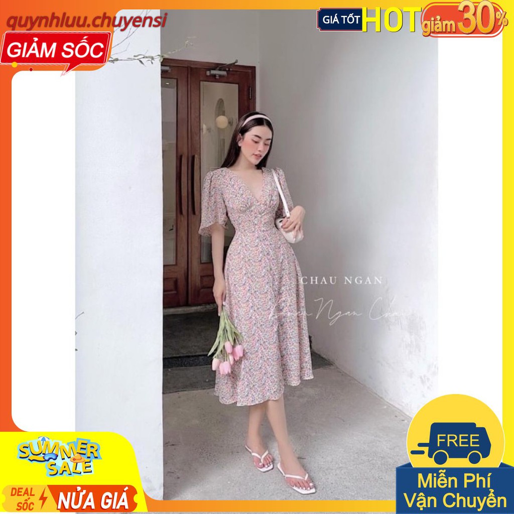 [Mã FAGREEN1505 giảm tới 30K đơn 99K] VN70 - VÁY HOA HỒNG NHÍ CHIẾT EO CỔ V CÚP NỮ