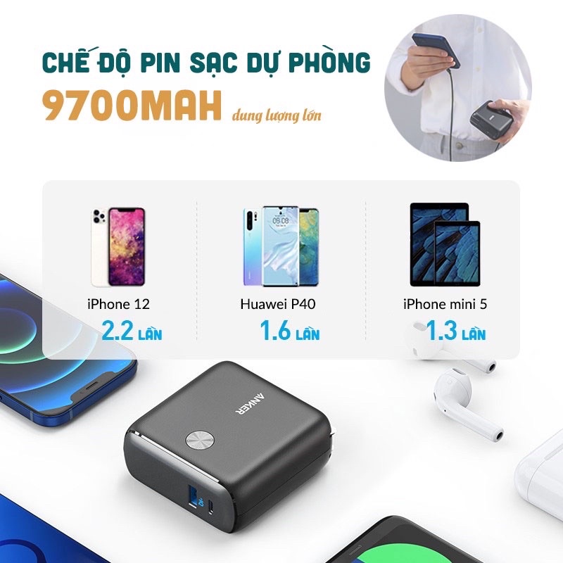 Pin sạc dự phòng kiêm củ sạc nhanh ANKER Powercore Fusion 5.000 mAh mã A1624 18W PD, 10.000mAh Type C - A1623 20W PD