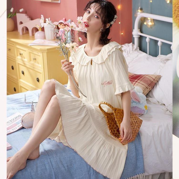 Đầm ngủ tiểu thư dáng suông cổ bèo mềm mát - Váy mặc nhà, Váy ngủ dễ thương B46 | BigBuy360 - bigbuy360.vn