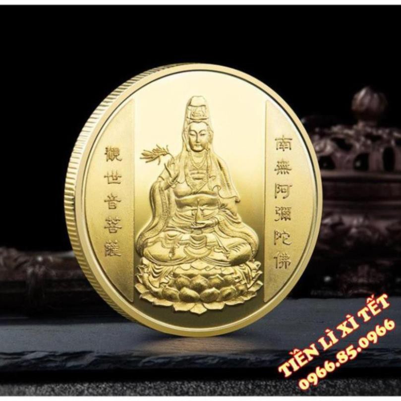 [[GIẢM GIÁ]]Đồng Xu Hình Phật Quan Âm Kèm Túi Gấm May Mắn Quà Tặng Phong Thủy