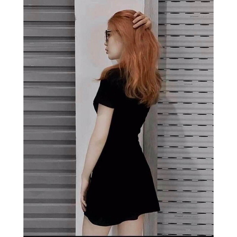 Đầm thun 8 mảnh xoè nhẹ đen hồng nude vàng