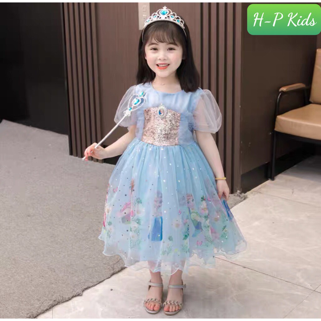 Váy công chúa Elsa màu hồng xanh cho bé gái,đầm công chúa tay ngắn bé gái váy bé gái