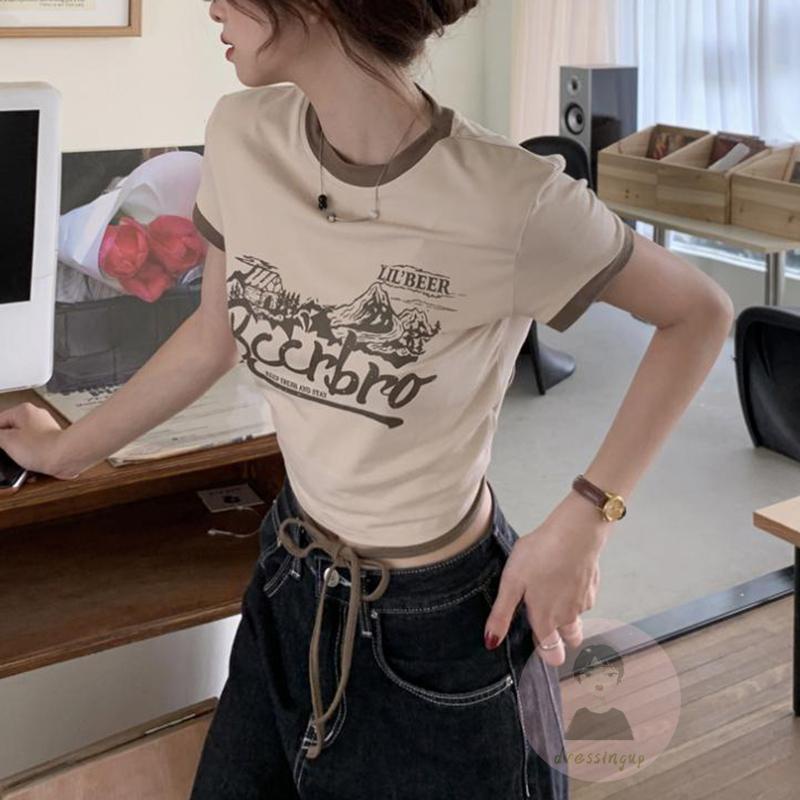 Áo Thun Ngắn Tay Dáng Rộng In Chữ Phối Dây Cột Thời Trang Mùa Hè Cho Nữ
