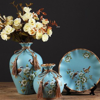 Bộ gốm 2 bình 1 đĩa chim xanh da trời