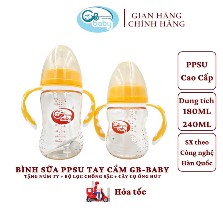 Bình sữa nhựa PPSU cao cấp cổ rộng GB BABY - 180ml / 240ml - kèm tay cầm và van chống sặc