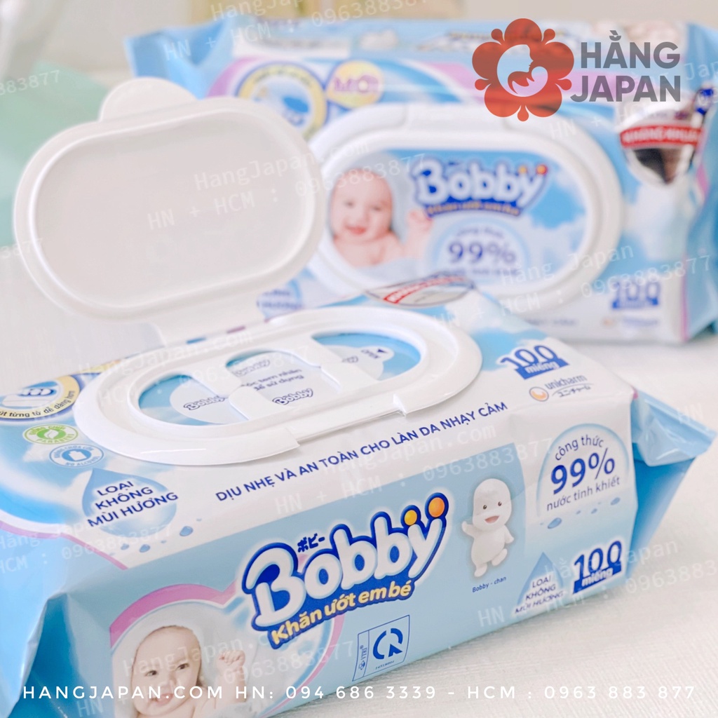 Khăn giấy ướt kháng khuẩn 99% Không hương BOBBY 100 tờ có nắp