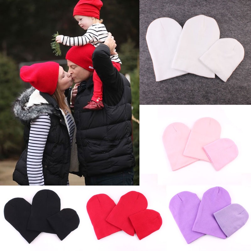 Set 3 Mũ Beanie Dệt Kim Mềm Mại Giữ Ấm Mùa Đông Cho Mẹ Và Bé