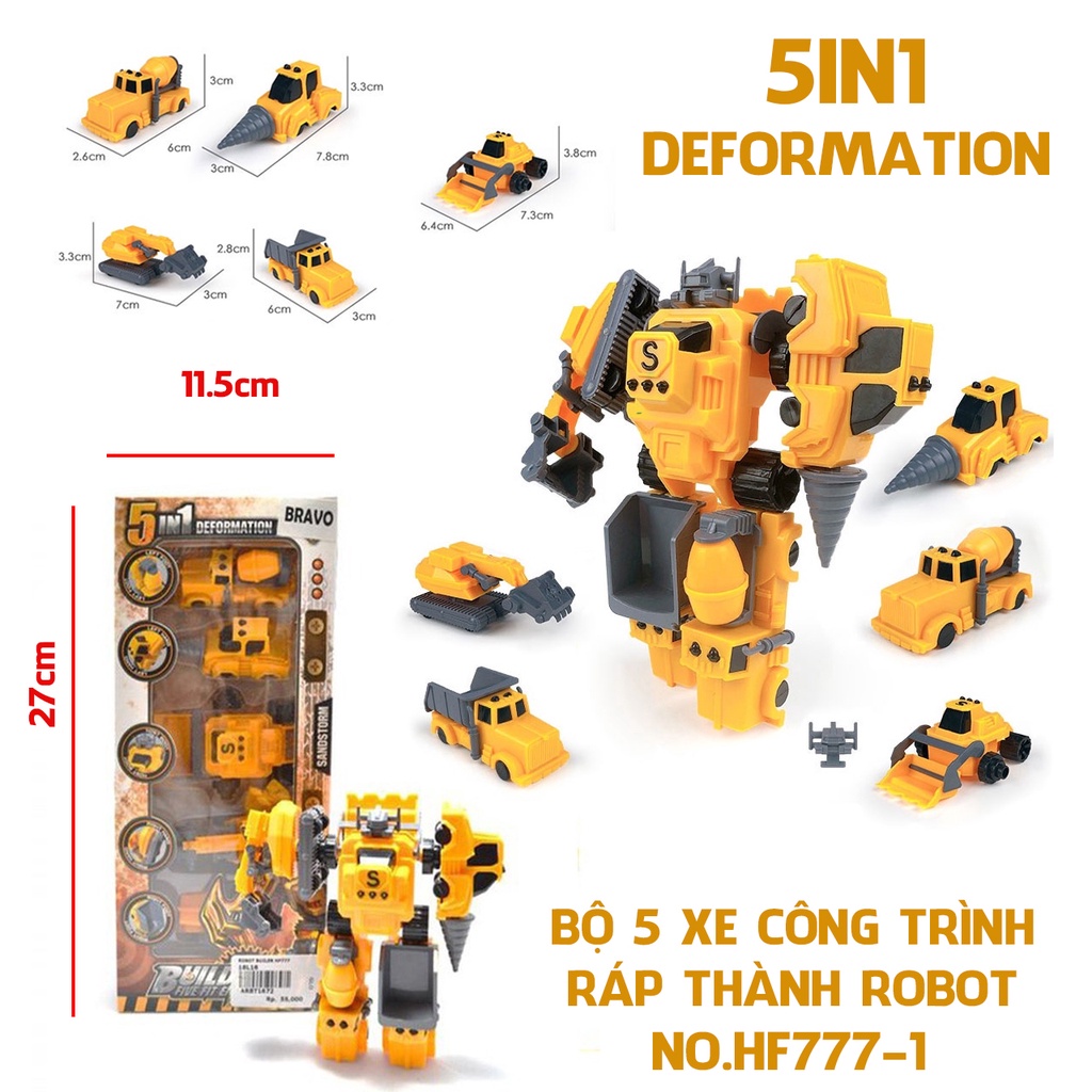 5 Xe Mô Hình Xe Công Trình Biến Hình Robot Đồ Chơi Cho Bé Trai