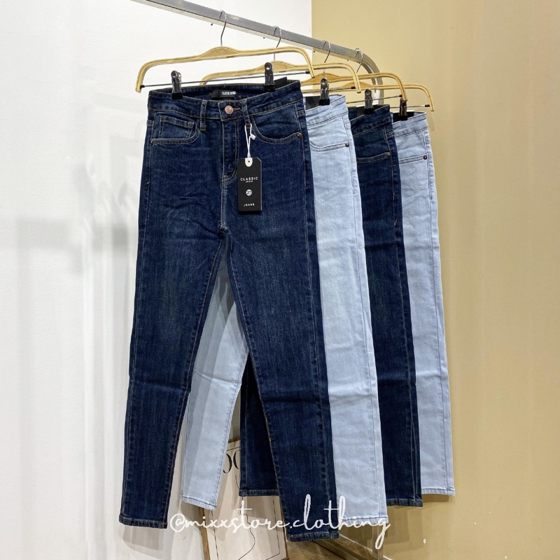 Quần jean nữ skinny trơn lưng cao tôn dáng màu cơ bản co giãn tốt phom 9 tấc chuẩn dáng hàng hiệu cao cấp MIXX STORE