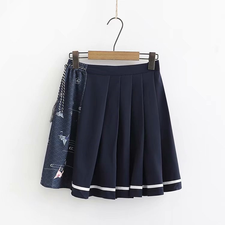 Set trang phục Nhật Bản: Áo khoác kimono/ haori/ happi hạc giấy, hoa anh đào + Chân váy xòe