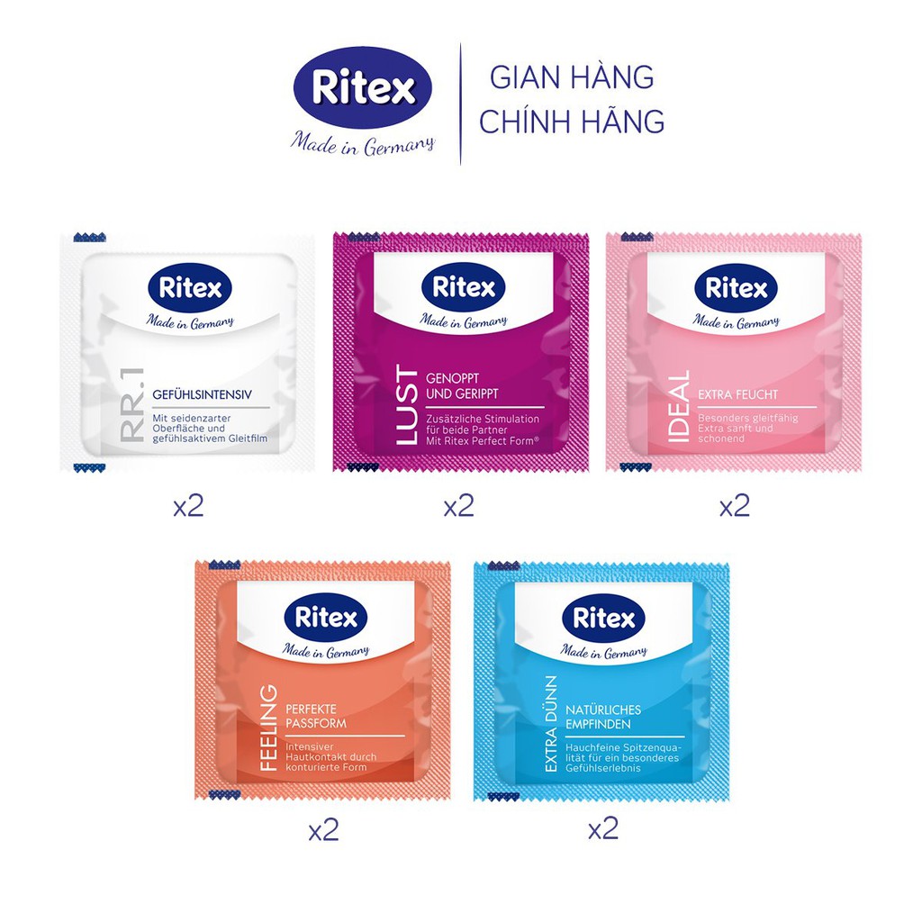 Bao cao su Ritex tăng cường khoái cảm hộp mix 5 loại hộp 10 bao - Hàng nhập khẩu chính hãng