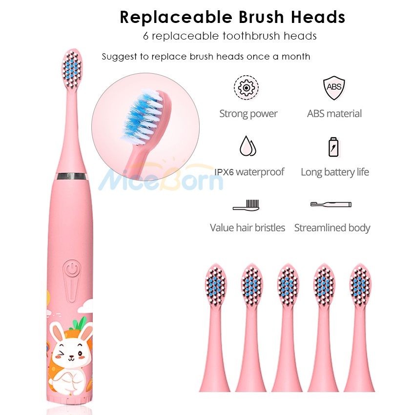NiceBorn Electric Toothbrush Sonic Children's Electric Toothbrush Kids 3 To 12 Years Old Cleaning Care Oral Bacteria Soft Hair Small Brush Head 6 Replacement Brush Heads USB Charging Low Noise