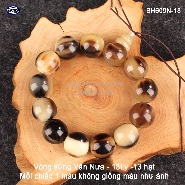 Vòng sừng vân nưa phong thuỷ có nậm (18mm-13 hạt) Thịnh Vượng Sinh Tài Lộc (BH609N-18)